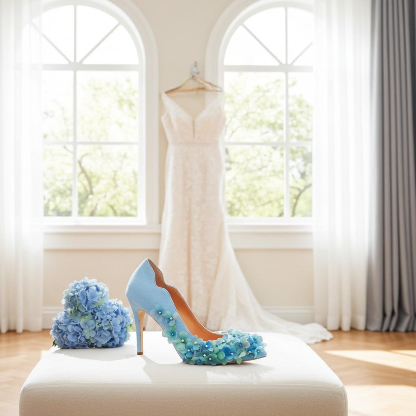 Blue high-heeled wedding shoes with floral design on a white surface, with a wedding dress in the background.