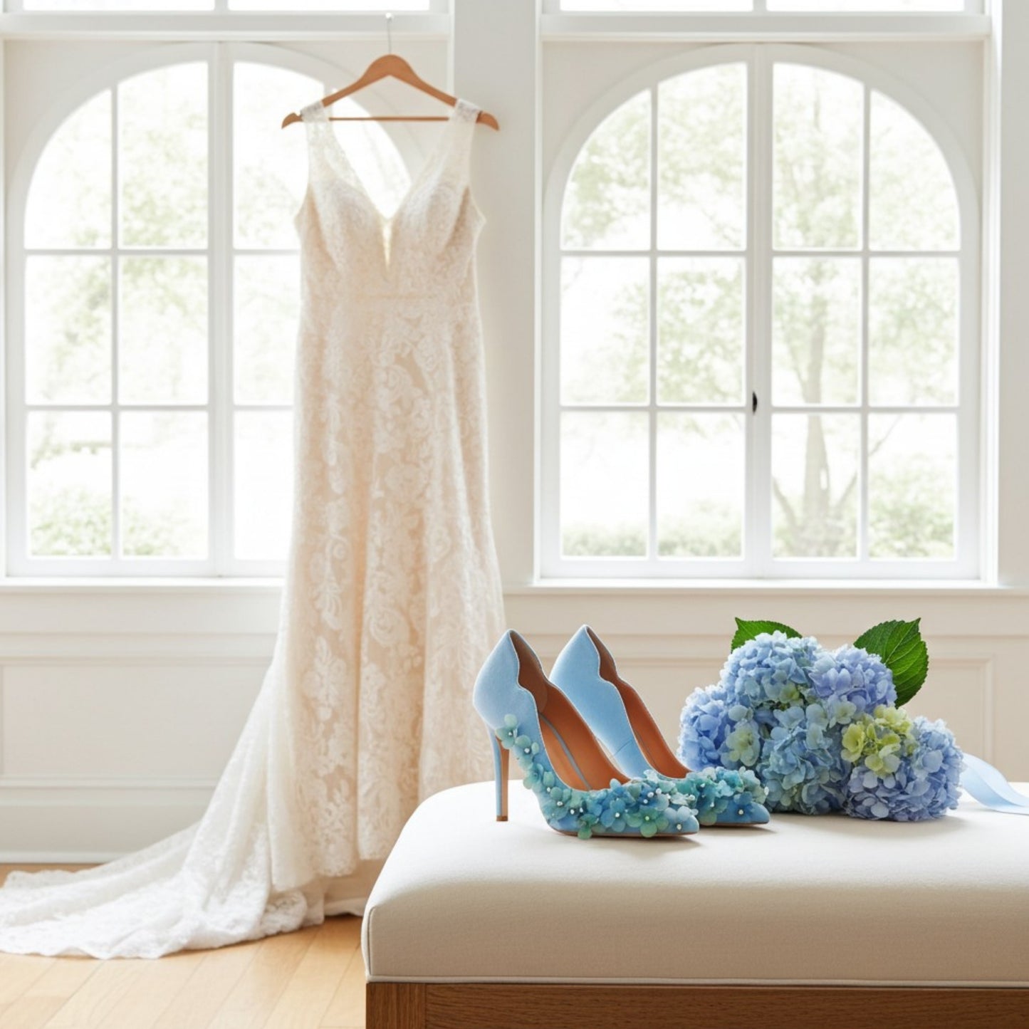 White lace wedding dress, blue high-heeled shoes with floral design, and bouquet of blue hydrangeas on a white bench in a bright room.
