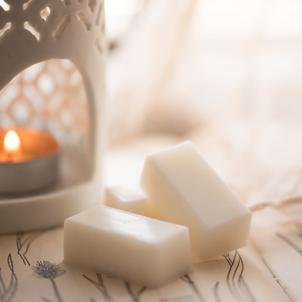 Three off-white wax melts or soap bars arranged on a patterned surface next to a lit tea light candle in a white ceramic holder, with a soft, warm, blurred background.
