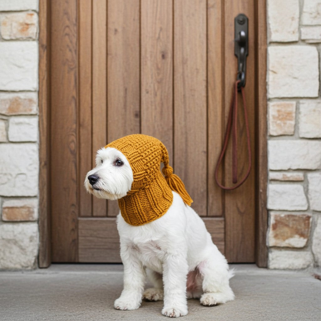 A small white dog wearing a mustard yellow knit ear warmer hat sits in front of a wooden door with a stone wall on both sides.