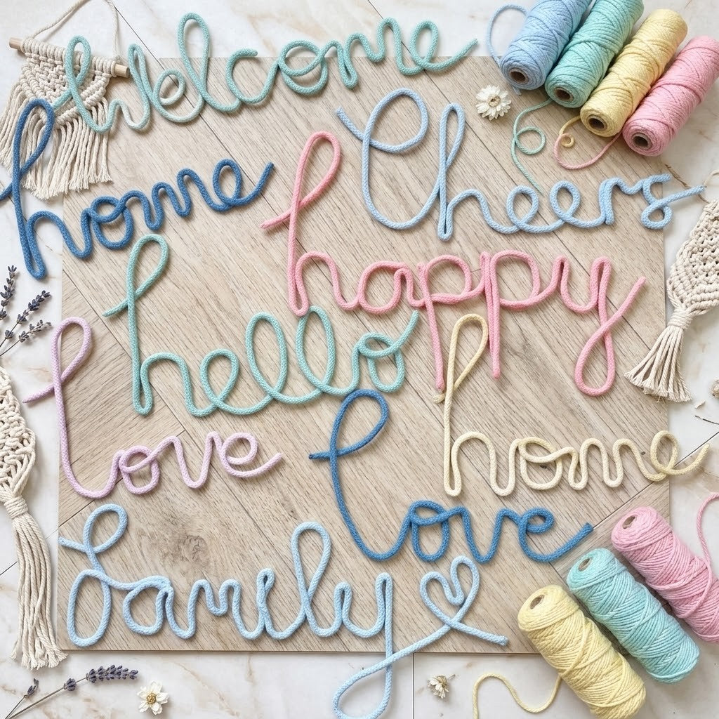 Multicolor yarn lettering spelling out words like 'welcome', 'home', 'cheers', 'happy', 'hello', 'love', and 'family' arranged on a light wood board with macrame tassels and yarn spools around it.