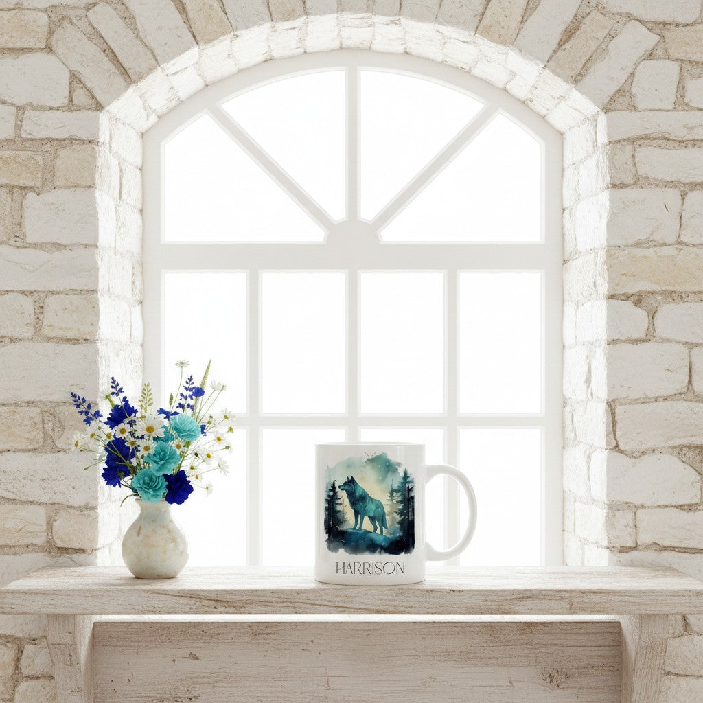 Mug with wolf design and floral arrangement on a windowsill against a stone wall.