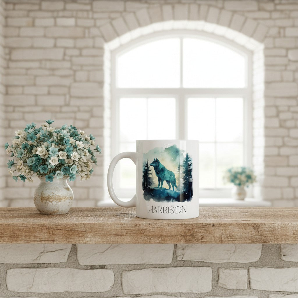 Mug with a wolf design on a wooden surface in front of a window with a stone wall background