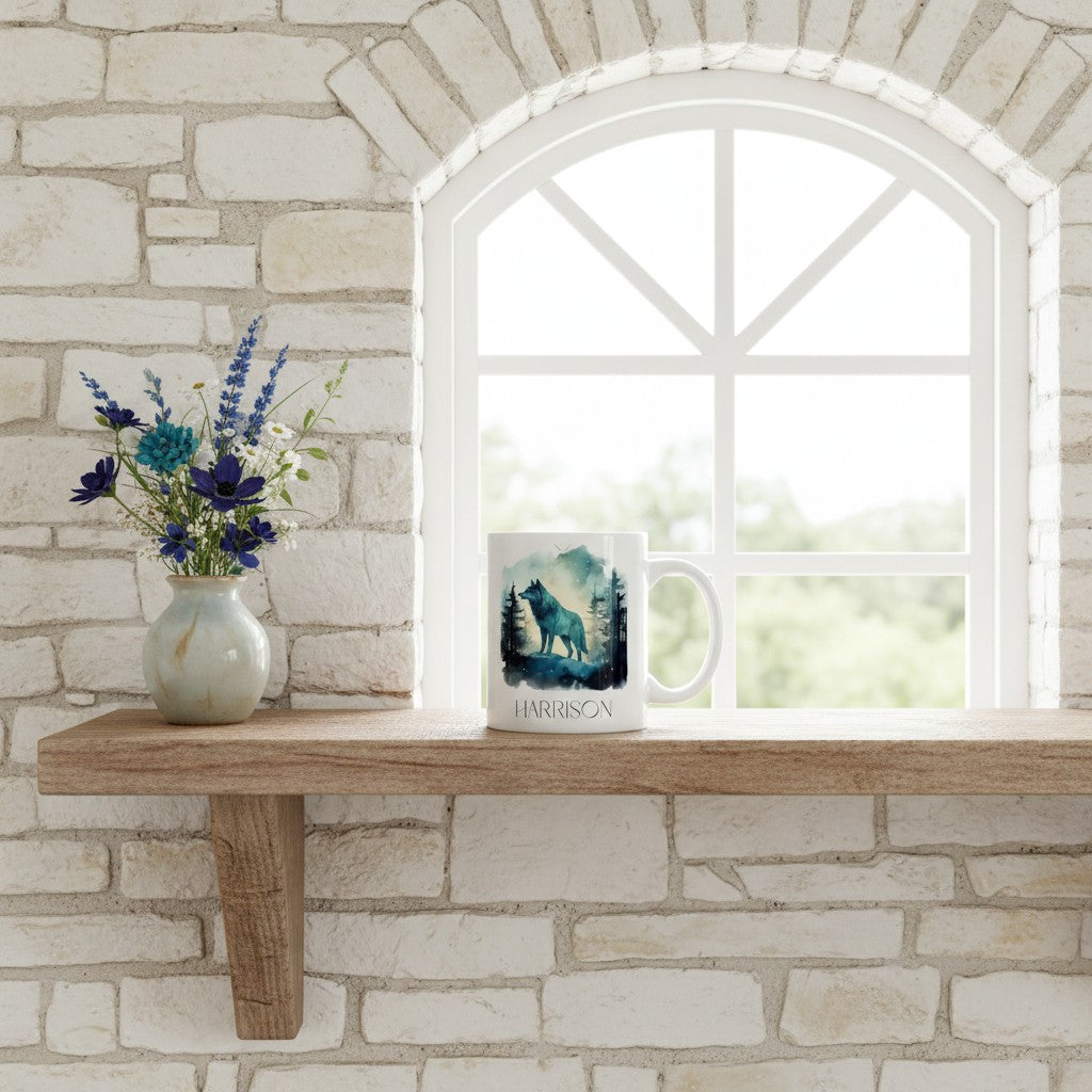 Mug with a wolf design and flowers on a wooden shelf against a stone wall.
