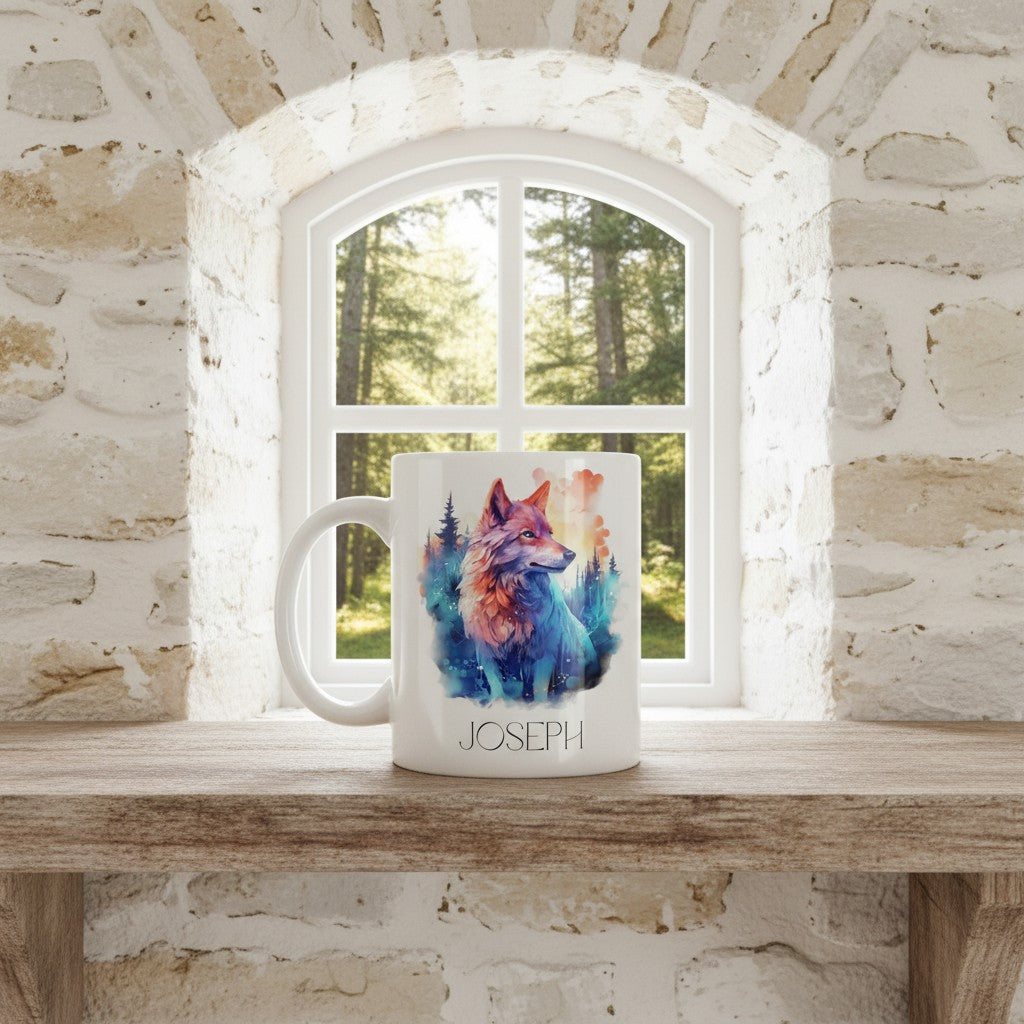 Mug with a colourful wolf design and 'JOSEPH' branding on a stone window ledge.