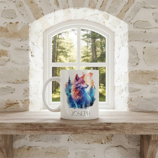Mug with a colourful wolf design and 'JOSEPH' branding on a stone window ledge.