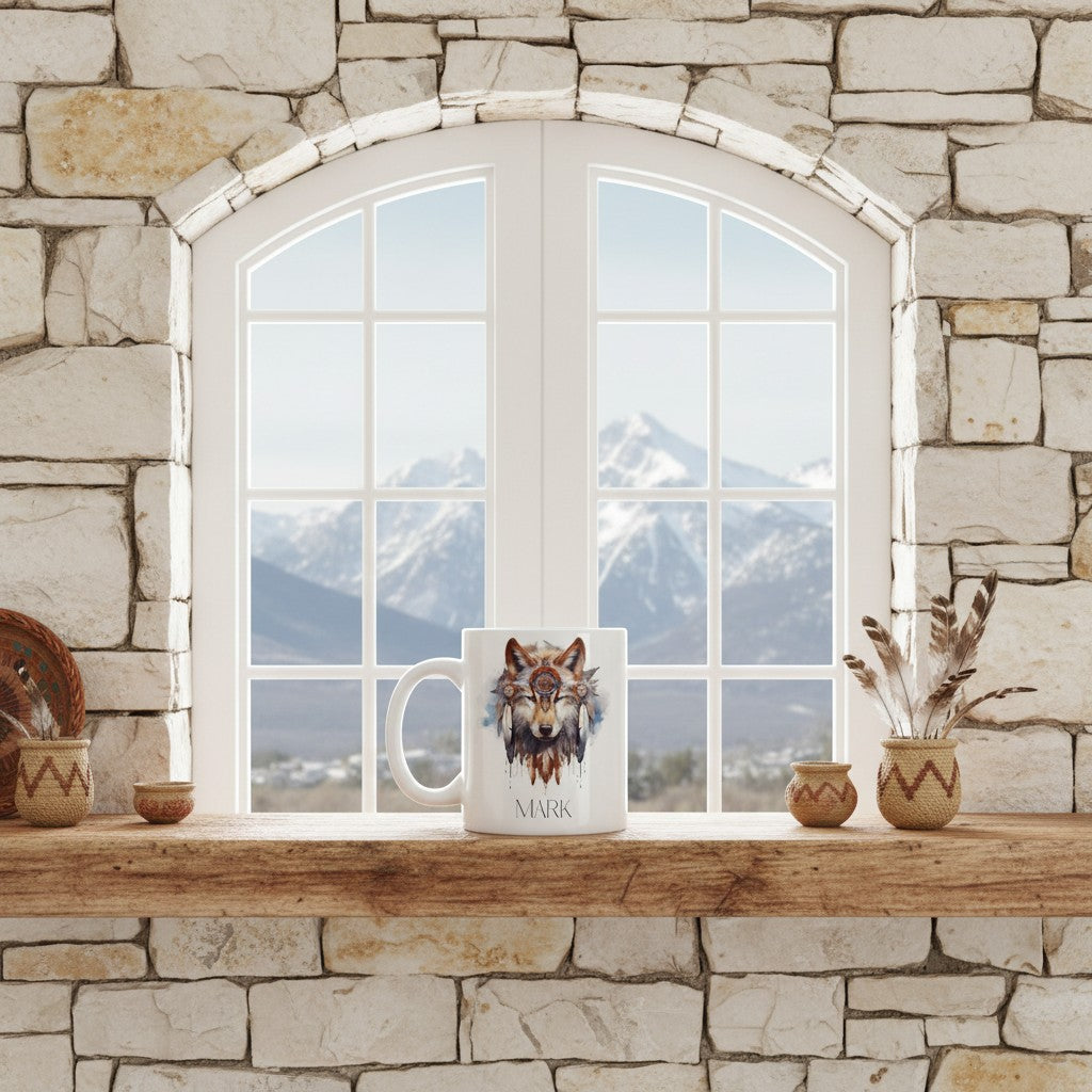 Mug with a wolf design on a windowsill with a stone wall and mountain view in the background