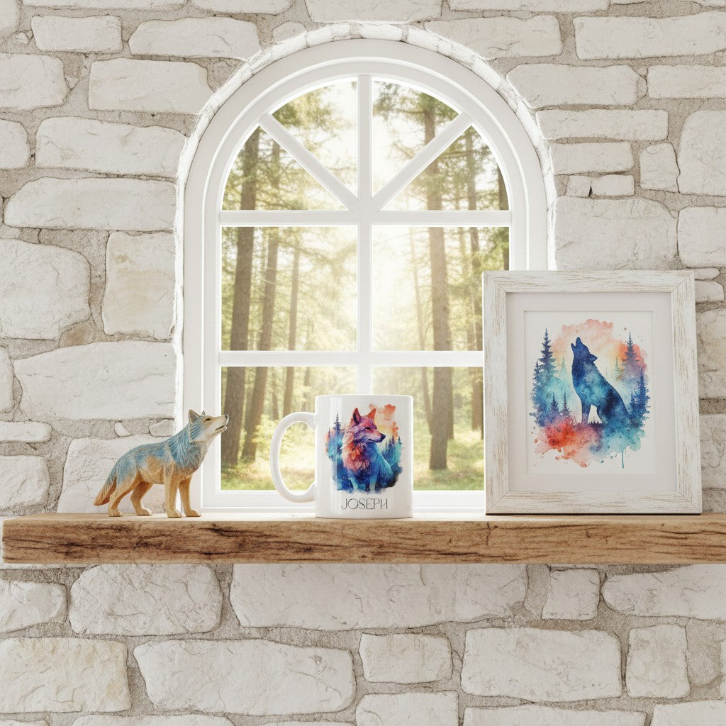 Decorative shelf with framed artwork and a wolf mug featuring wolf designs against a stone wall.