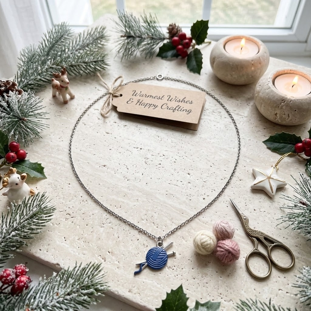 A silver chain necklace with a blue and white yarn-and-needle charm, styled on a stone surface with holiday greenery, lit candles, scissors, and a wooden tag reading 'Warmest Wishes & Happy Crafting'.