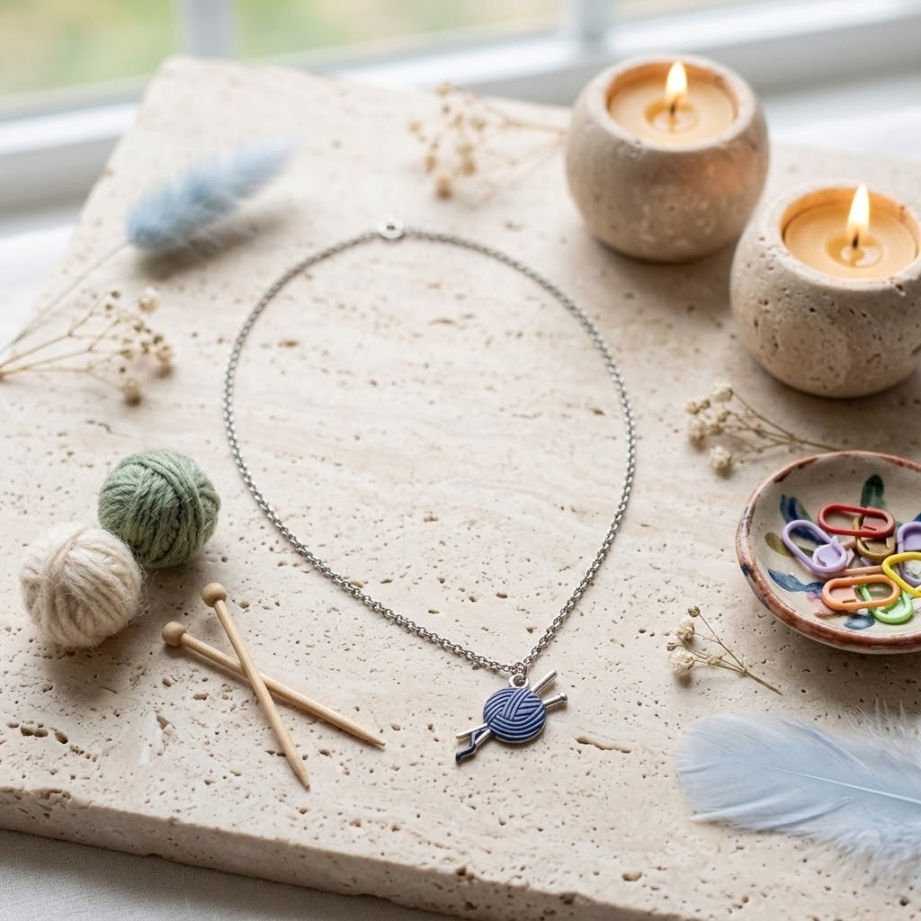 A silver chain necklace with a blue and white yarn-and-needles pendant is arranged on a textured stone slab with knitting props, candles, feathers, and dried flowers in a softly lit setting.