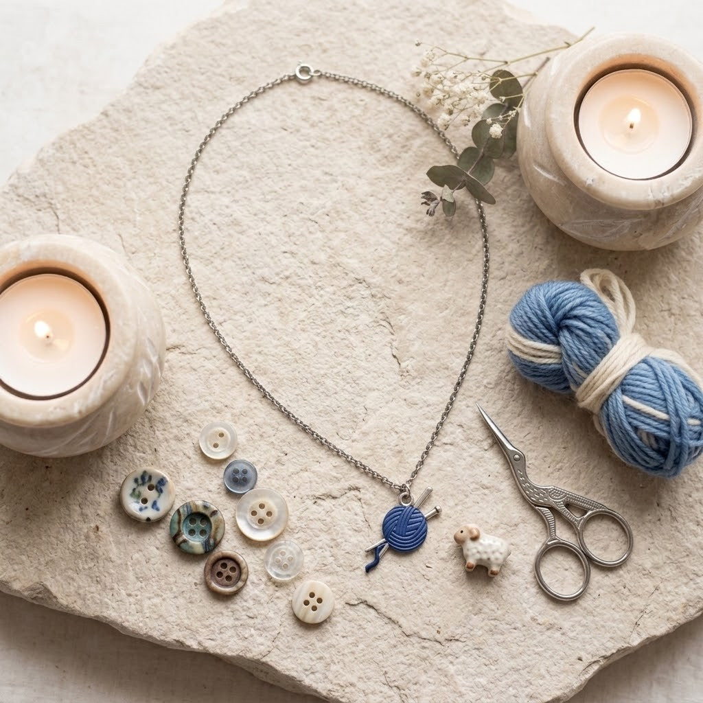 A silver-toned necklace with a blue and white yarn ball pendant is arranged on a textured stone slab with knitting-themed props, including blue and cream yarn, buttons, scissors, a small sheep charm, and lit candles.