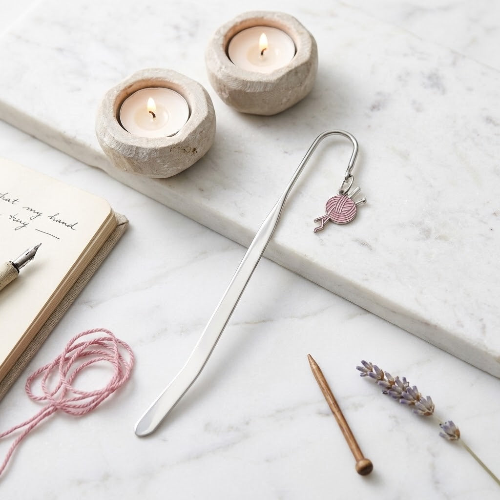 A silver metal bookmark shaped like knitting needles with a small pink and white striped yarn ball charm, displayed on a white marble surface with candles, an open notebook, pink thread, a wooden pencil, and lavender sprigs.