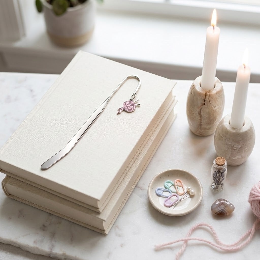 A silver metal bookmark with a pink heart charm rests on a stack of cream-colored books on a marble surface. The scene is styled with two lit candles in stone holders, a small dish with colourful paper clips, and soft pink yarn near a window.
