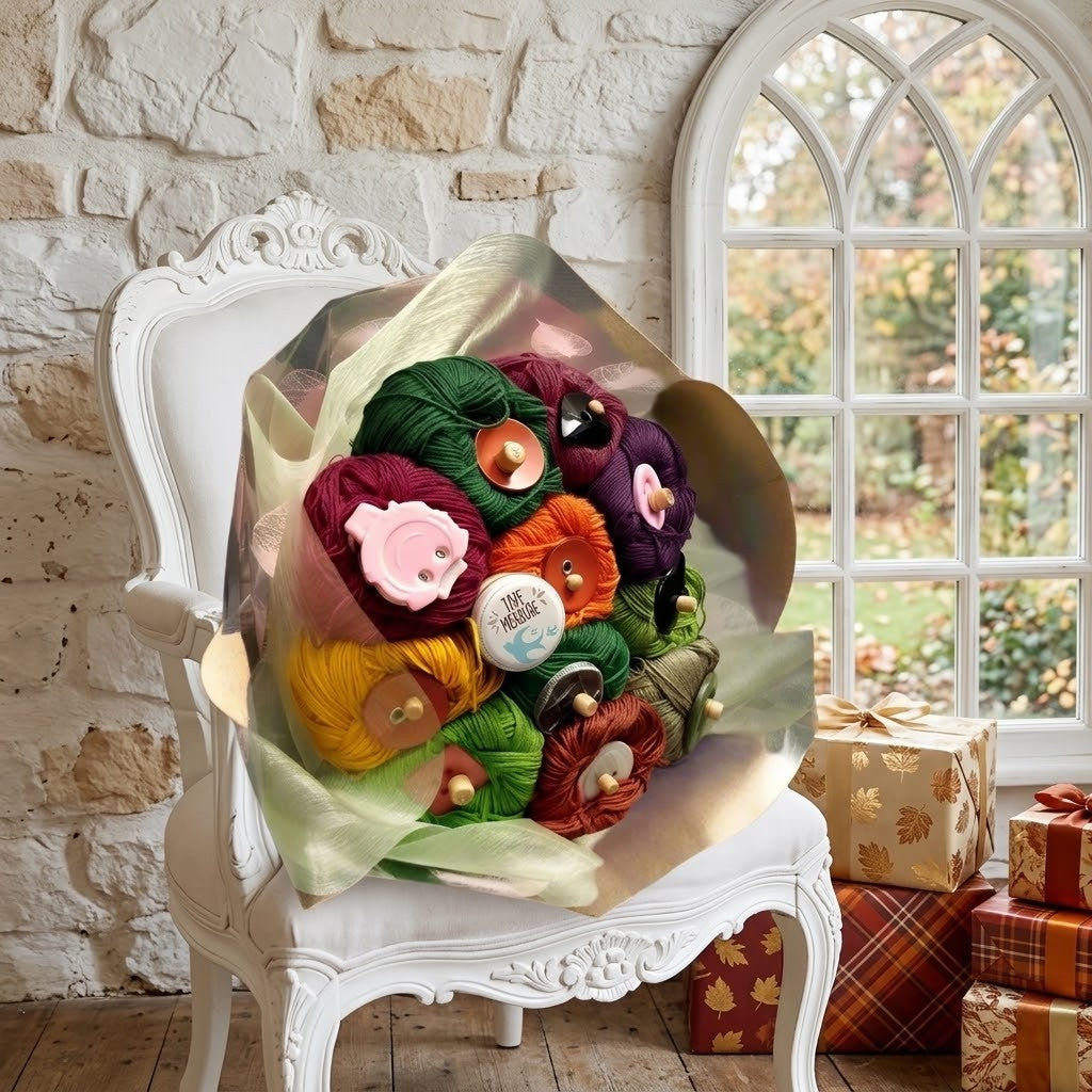 A decorative gift arrangement of colourful yarn balls wrapped in shiny tissue paper, placed on an ornate white chair in a bright room with a stone wall and arched window. Several wrapped gift boxes sit beside the chair.