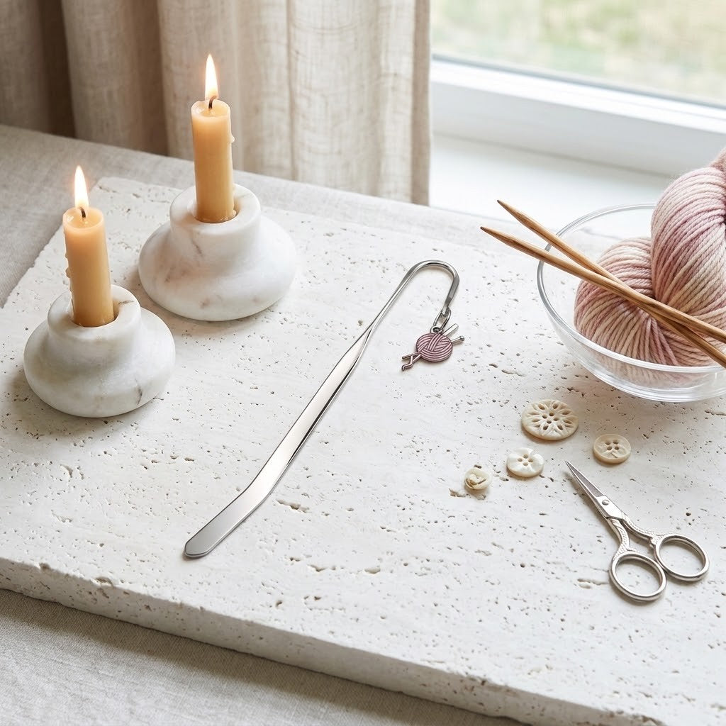 A silver metal bookmark with a small pink yarn charm lies on a light stone surface beside two lit cream candles, knitting needles, buttons, and a glass bowl of pink yarn near a window.