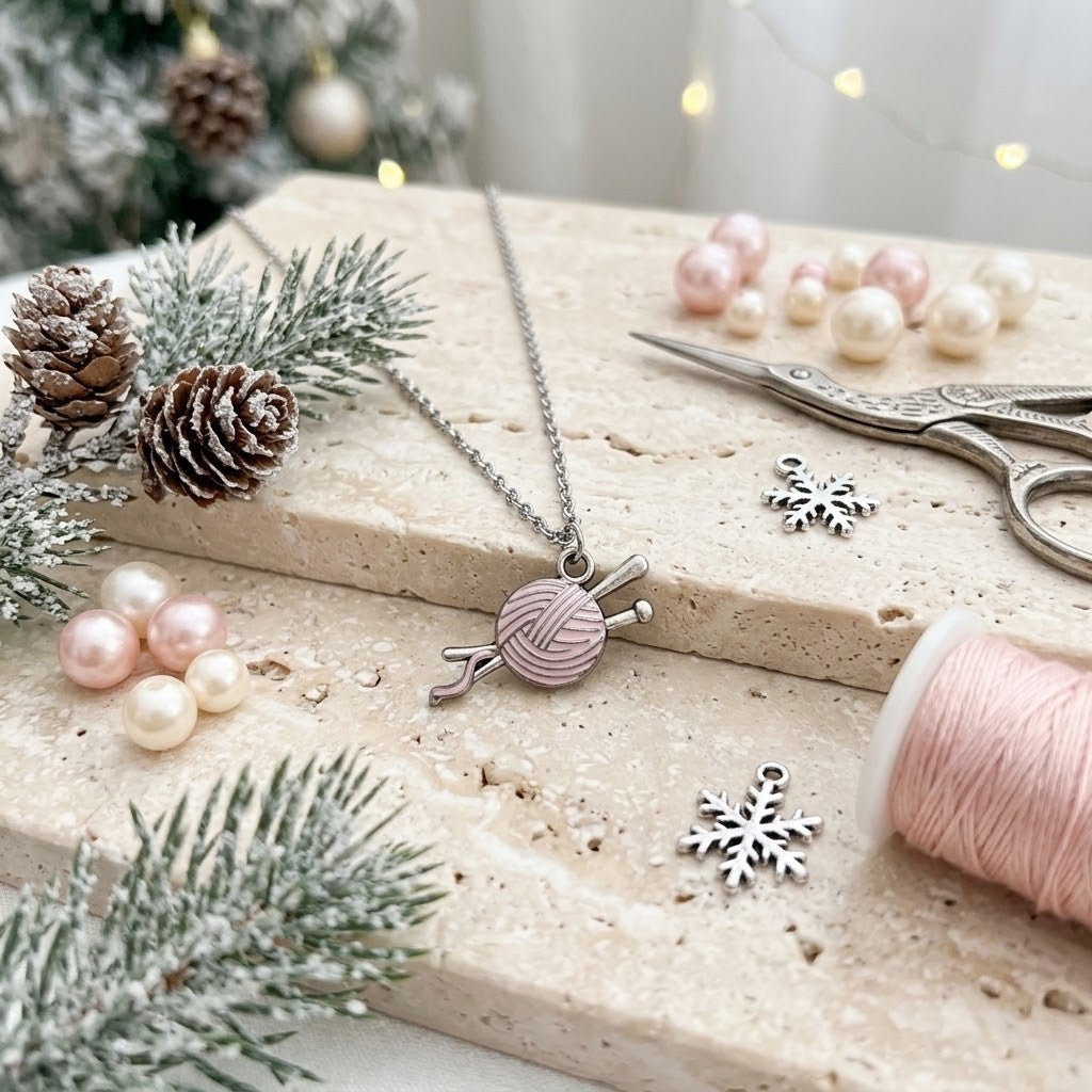 A silver-toned necklace with a yarn ball and knitting needle pendant is displayed on a stone surface surrounded by holiday-themed props including pine branches, pinecones, pearls, scissors, and a spool of pink thread.