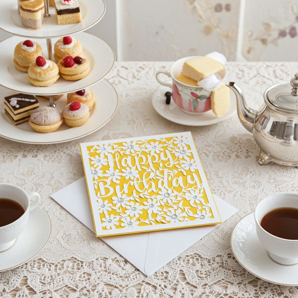 A yellow and white floral 'Happy Birthday' greeting card with an envelope, styled on a lace-covered table with tea cups, a teapot, and a pastry stand.