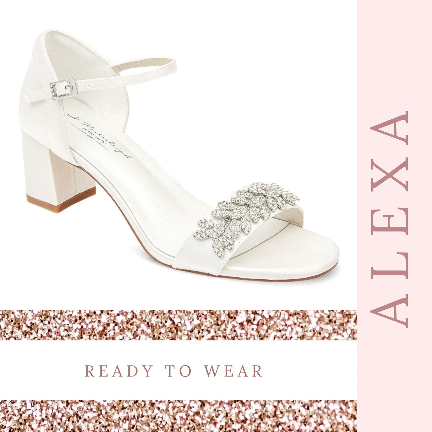 White Rock Glitter Block Heel with Ankle Strap - Women Shoes, Wedding Shoes