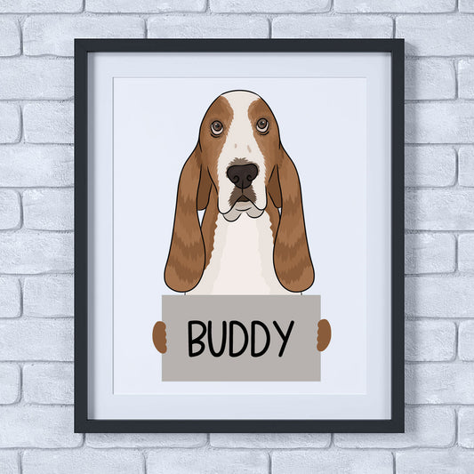 A colourful illustration of a basset hound dog with a humorous sign labeled 'Buddy' in a frame, on a white background.