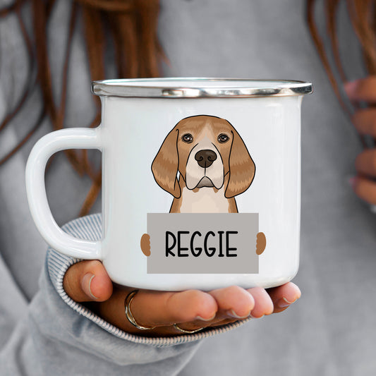 A white enamel mug with a printed image of a beagle dog and the name 'Reggie'.