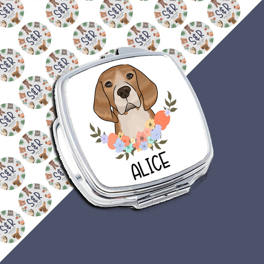 A personalised compact mirror with a sublimated beagle dog design and the name 'Alice' on the front, surrounded by a floral pattern.