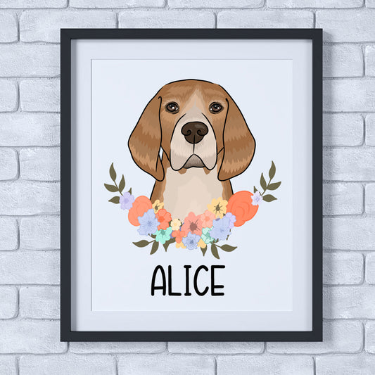 A framed poster of a beagle dog with a floral wreath and the name 'Alice' printed at the bottom.