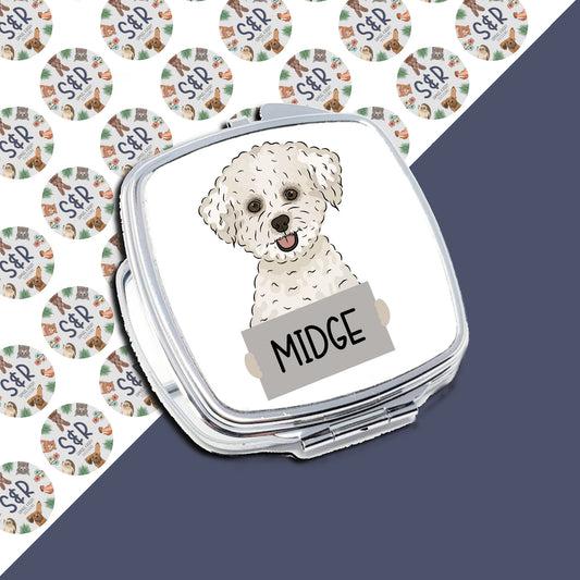 A compact mirror with a personalised message for a Bichon Frise dog owner, featuring an illustration of a Bichon Frise dog on the front.