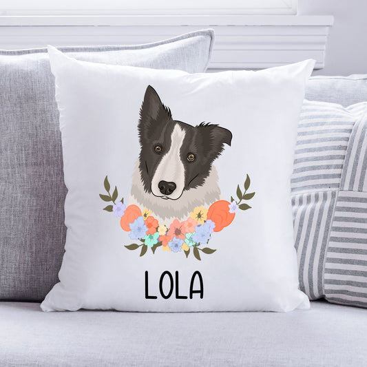 A square-shaped cushion featuring an illustration of a Border Collie dog with a floral pattern around it.