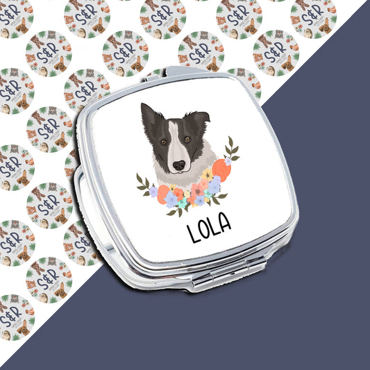 A personalised compact mirror with a sublimated design featuring a Border Collie dog illustration on the front, with the name 'Lola' printed below the image.