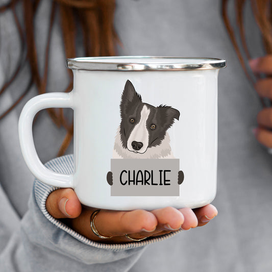 A white ceramic enamel mug with a personalized Border Collie dog illustration and the name 'Charlie' printed on the front.