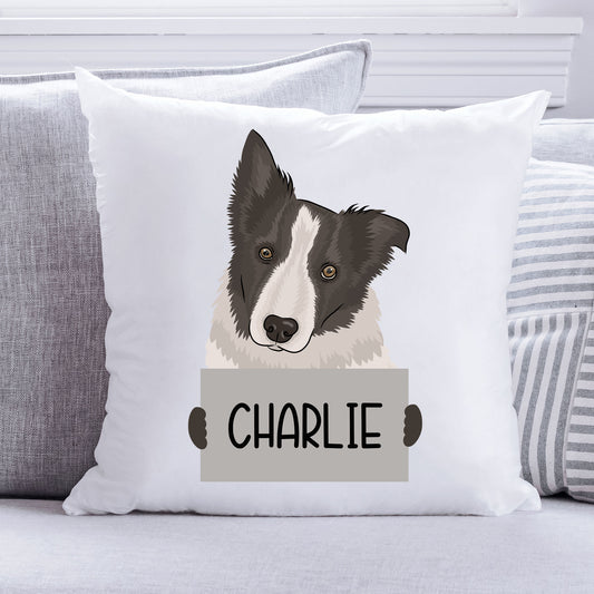A square-shaped cushion with a printed image of a Border Collie dog head in a customisable text area, on a white background.