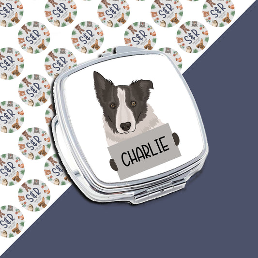 A compact mirror with a personalised message that says 'Charlie' on the front, featuring an illustration of a Border Collie dog.