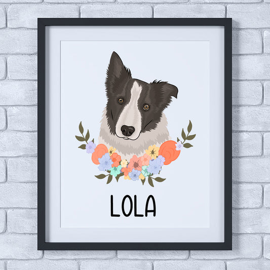 A personalised dog print featuring a Border Collie with floral elements and the name 'LOLA' printed below.