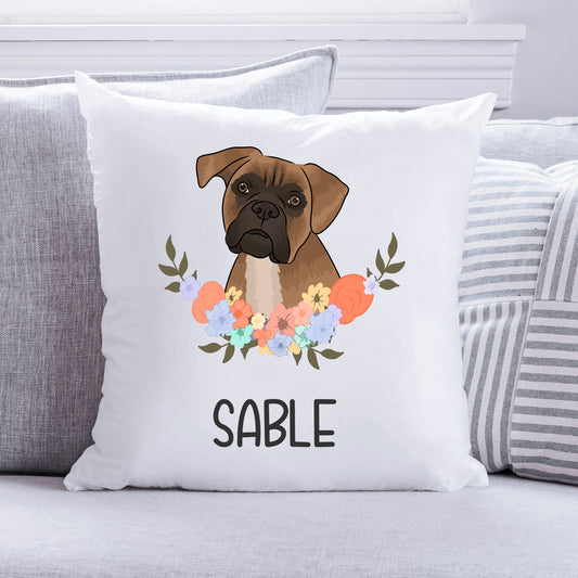 A square-shaped cushion with a printed image of a Boxer dog in the center surrounded by a floral pattern. The cushion is white and has the text 'SABLE' at the bottom.