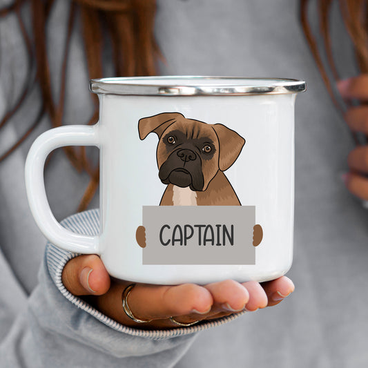 A white ceramic enamel mug with a printed image of a boxer dog and the word 'CAPTAIN' below it.