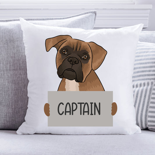 A square-shaped white cushion with a printed image of a Boxer dog and the text 'CAPTAIN' on a removable cover.