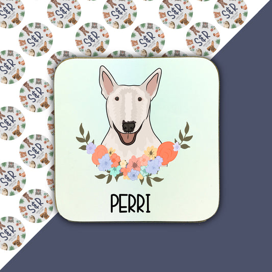 A square coaster with an illustration of a Bull Terrier dog surrounded by a floral pattern.