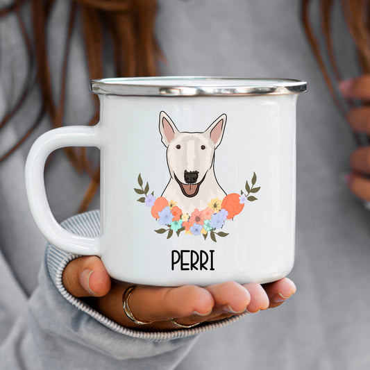 A white enamel mug with a printed image of a Bull Terrier dog surrounded by a floral pattern, with the name 'Perri' at the bottom.