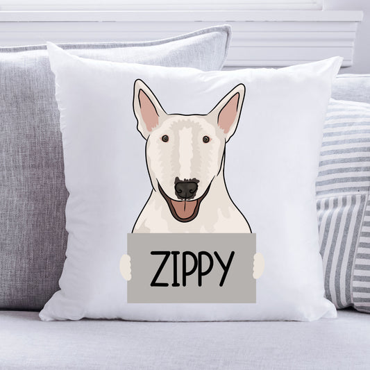 A square-shaped white cushion with an illustration of a Bull Terrier dog on the front, with the text 'ZIPPY' below it.