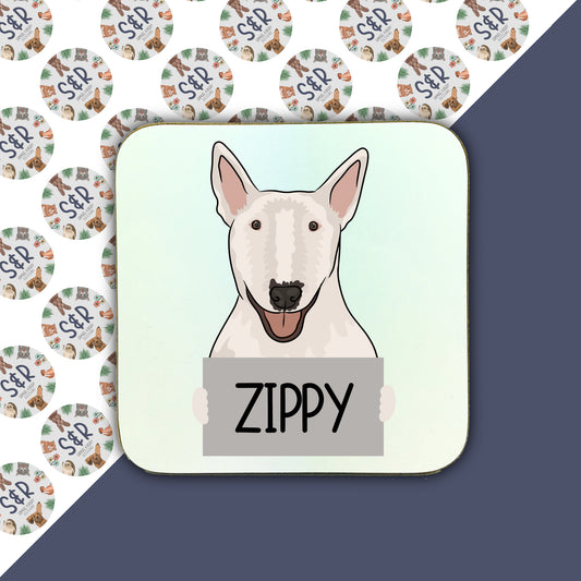 A personalised square coaster with an illustration of a Bull Terrier dog on it, with the name 'Zippy' below the image.