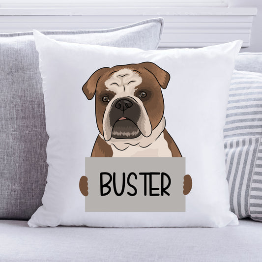 A square-shaped cushion with a printed image of a bulldog dog wearing a sign that says 'BUSTER', on a white background.