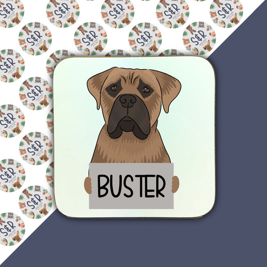 A square coaster with an illustration of a Bullmastiff dog and the name 'Buster' below it.