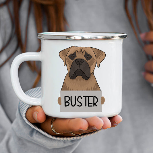 A white enamel mug with a printed image of a Bullmastiff dog and the name 'Buster' below it.