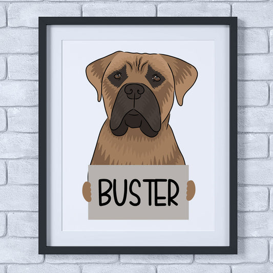 A framed poster of a Bullmastiff dog with the word 'BUSTER' below it, on a white background.