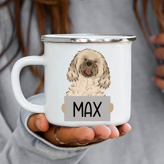 A white enamel mug with a cavachon dog illustration and the name 'Max' printed on the side.
