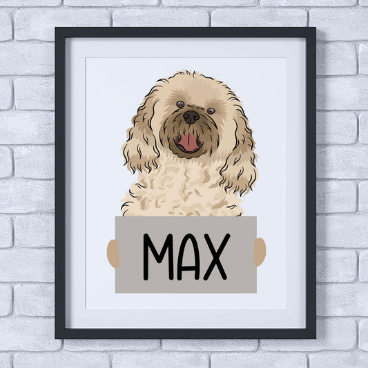 A cute illustration of a cavachon dog with the name 'Max' printed at the bottom in black font, enclosed in a black frame.