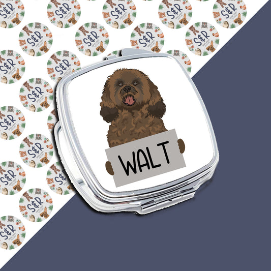 A compact mirror with a sublimated design of a cavapoo dog on the front, with the name 'Walt' below the image.