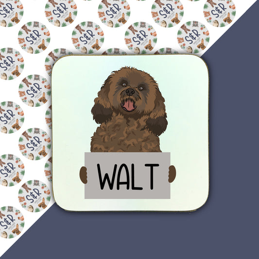A square coaster with an illustration of a cavapoo dog with the name 'Walt' below it, on a background patterned with various dog silhouettes.