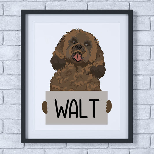 An illustration of a cavapoo dog with a personalised sign that reads 'WALT', framed in a black square-shaped enclosure.