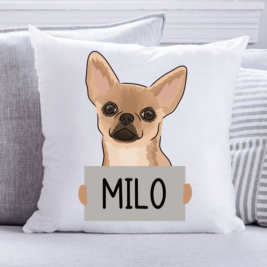 A square-shaped, white personalised pet cushion featuring a printed image of a Chihuahua dog with the text 'MILO' on a removable cover.
